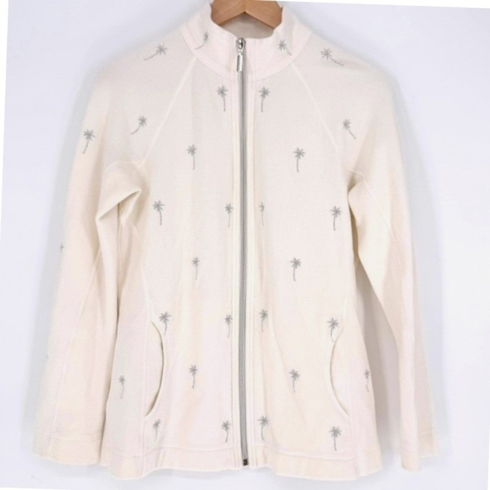 Tommy Bahama Womens Cream Silver Palm Tree Embroidered Full Zip Sweatshirt S/P